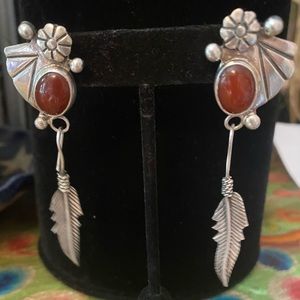 Vintage 925 Navajo Feather Dangles From Ornate Floral Carnelian Post Earrings